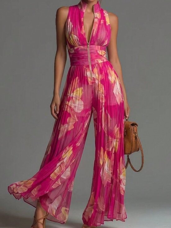 Pants - Multicolor Elegant Women's Sleeveless Palazzo Floral Print Jumpsuit